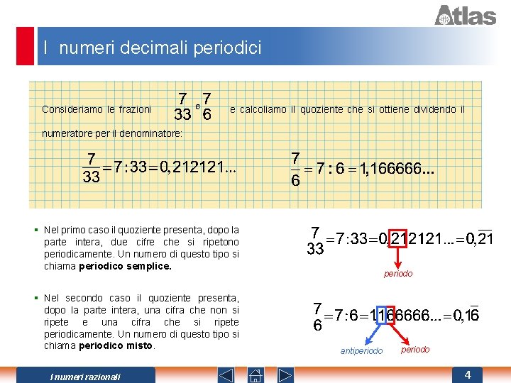 I numeri decimali periodici Consideriamo le frazioni e calcoliamo il quoziente che si ottiene