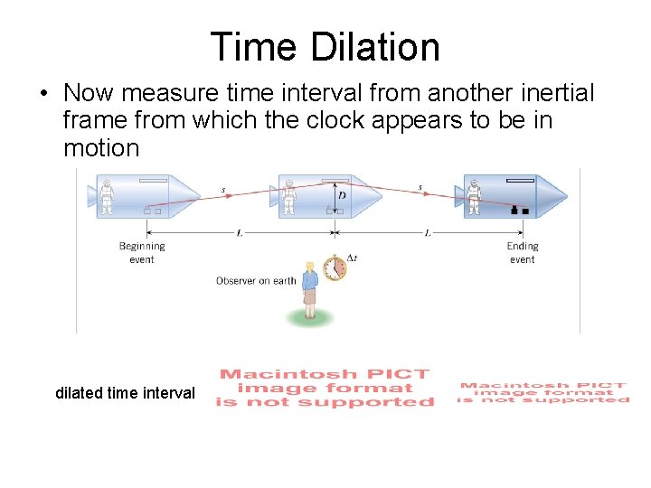 Time Dilation • Now measure time interval from another inertial frame from which the