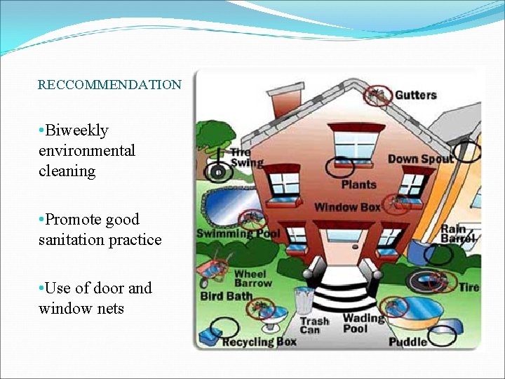 RECCOMMENDATION • Biweekly environmental cleaning • Promote good sanitation practice • Use of door RECCOMMENDATION • Biweekly environmental cleaning • Promote good sanitation practice • Use of door