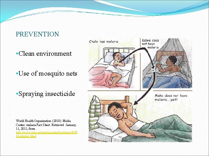 PREVENTION • Clean environment • Use of mosquito nets • Spraying insecticide World Health PREVENTION • Clean environment • Use of mosquito nets • Spraying insecticide World Health