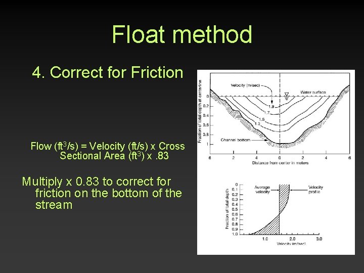 Float method 4. Correct for Friction Flow (ft 3/s) = Velocity (ft/s) x Cross