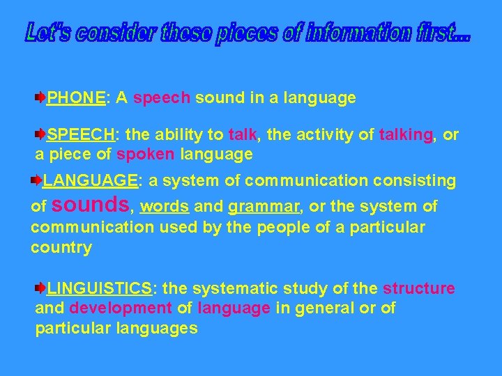 PHONE: A speech sound in a language SPEECH: the ability to talk, the activity