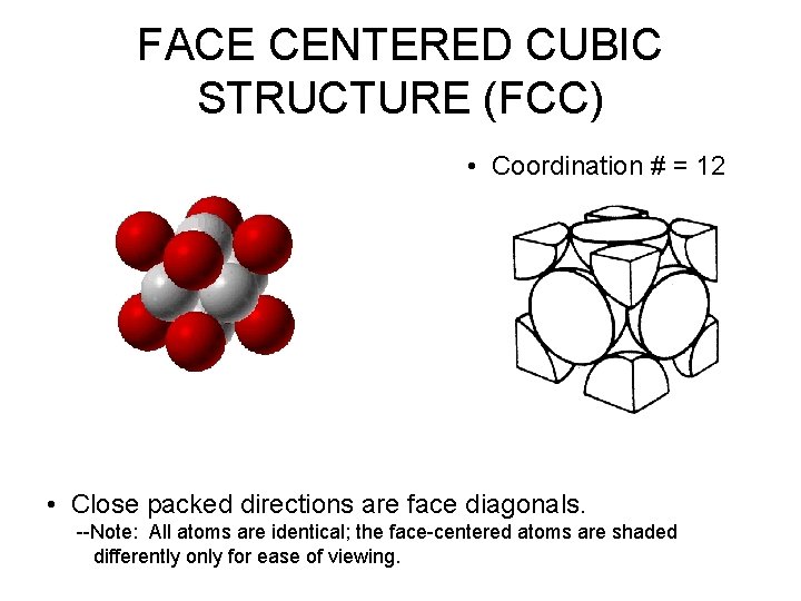 FACE CENTERED CUBIC STRUCTURE (FCC) • Coordination # = 12 • Close packed directions