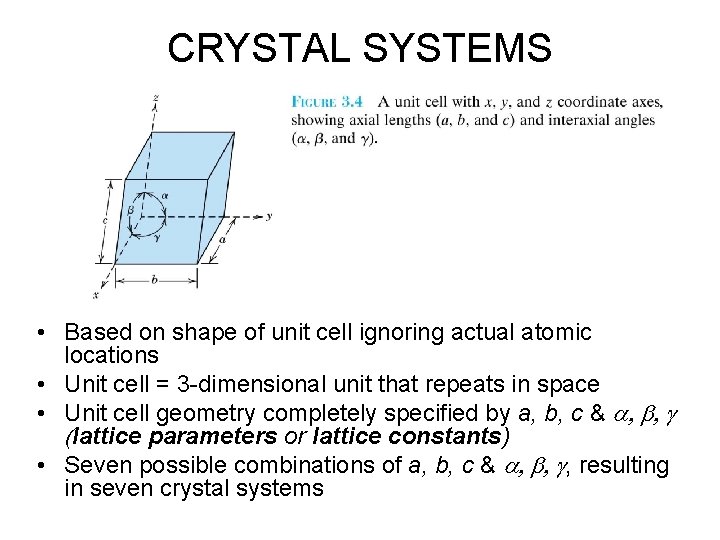 CRYSTAL SYSTEMS • Based on shape of unit cell ignoring actual atomic locations •