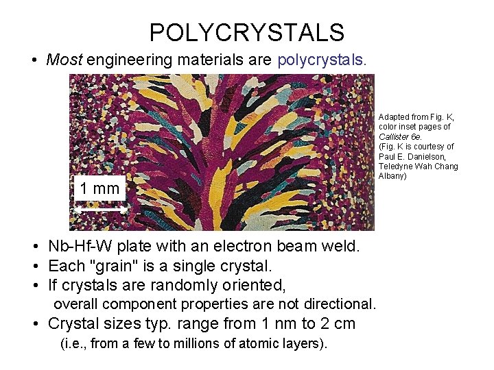 POLYCRYSTALS • Most engineering materials are polycrystals. 1 mm • Nb-Hf-W plate with an