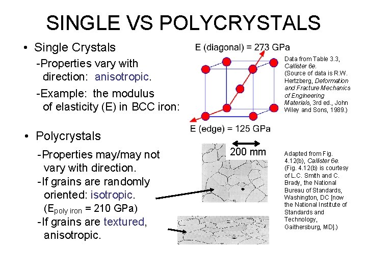 SINGLE VS POLYCRYSTALS • Single Crystals Data from Table 3. 3, Callister 6 e.