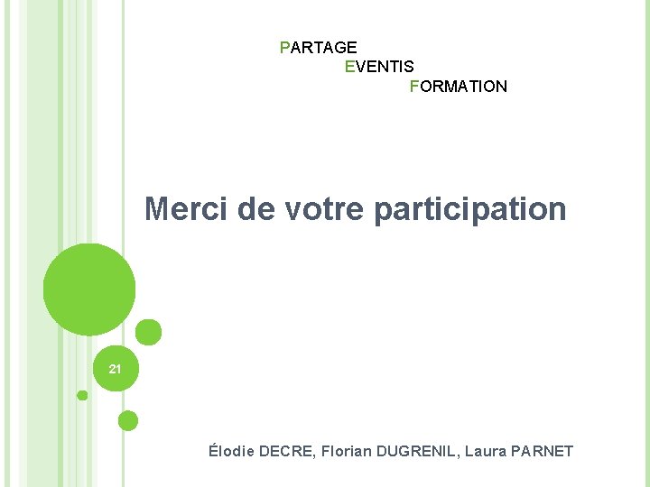 PARTAGE EVENTIS FORMATION Merci de votre participation 21 Élodie DECRE, Florian DUGRENIL, Laura PARNET PARTAGE EVENTIS FORMATION Merci de votre participation 21 Élodie DECRE, Florian DUGRENIL, Laura PARNET