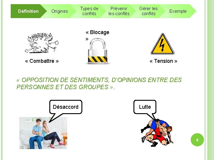 Définition Origines Types de conflits Prévenir les conflits Gérer les conflits Exemple « Blocage Définition Origines Types de conflits Prévenir les conflits Gérer les conflits Exemple « Blocage