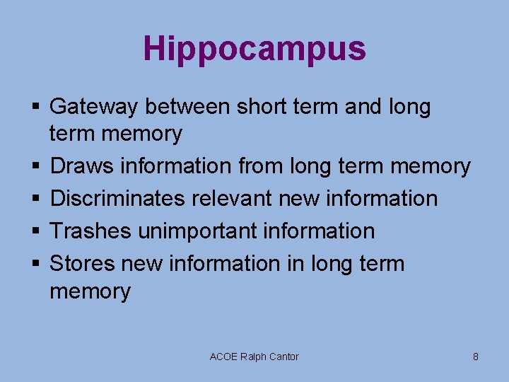 Hippocampus § Gateway between short term and long term memory § Draws information from