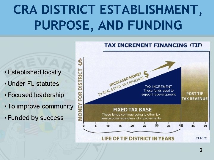 CRA DISTRICT ESTABLISHMENT, PURPOSE, AND FUNDING • Established locally • Under FL statutes •