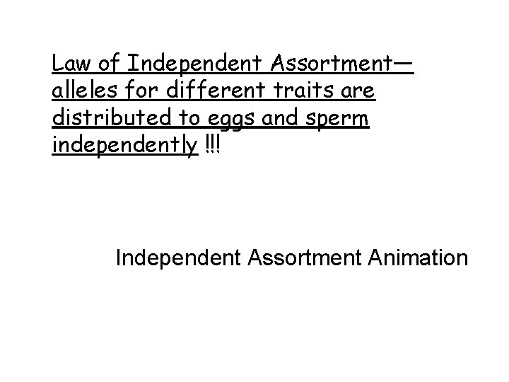 Law of Independent Assortment— alleles for different traits are distributed to eggs and sperm Law of Independent Assortment— alleles for different traits are distributed to eggs and sperm