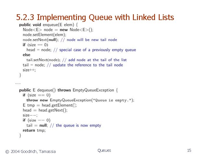 5. 2. 3 Implementing Queue with Linked Lists © 2004 Goodrich, Tamassia Queues 15