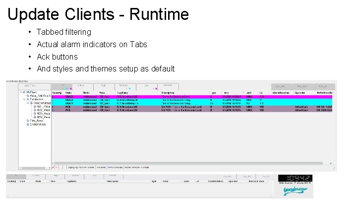Update Clients - Runtime • Tabbed filtering • Actual alarm indicators on Tabs •