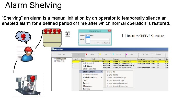 Alarm Shelving “Shelving” an alarm is a manual initiation by an operator to temporarily