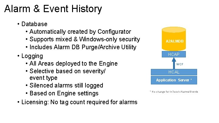 Alarm & Event History • Database • Automatically created by Configurator • Supports mixed