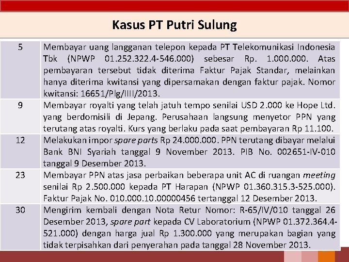 Kasus PT Putri Sulung 5 9 12 23 30 Membayar uang langganan telepon kepada