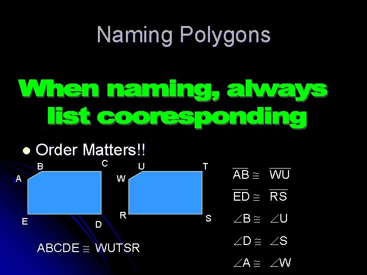 Naming Polygons l Order Matters!! B C A U T W AB WU ED