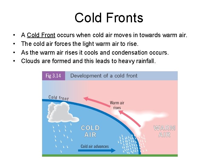Cold Fronts • • A Cold Front occurs when cold air moves in towards