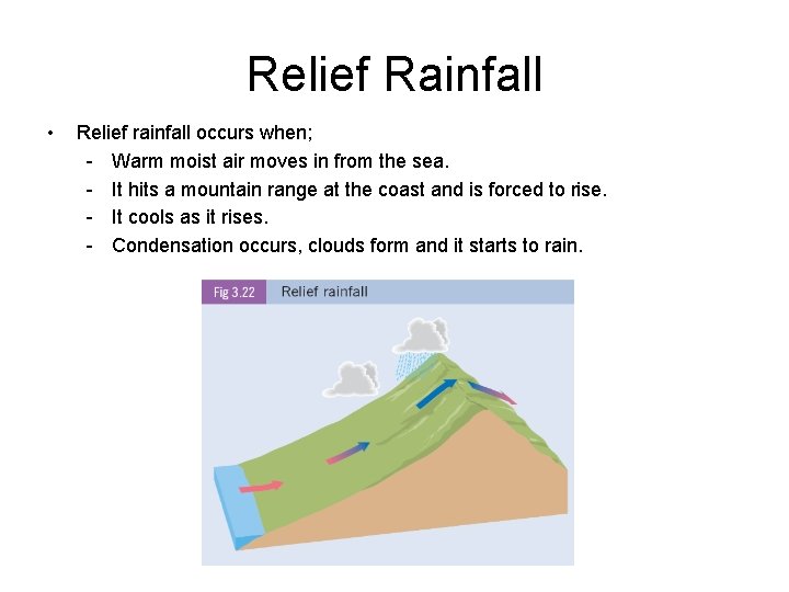 Relief Rainfall • Relief rainfall occurs when; - Warm moist air moves in from