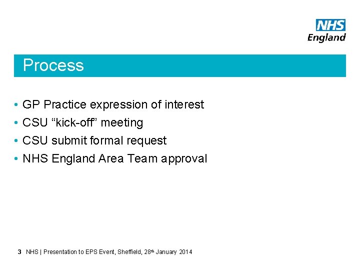 Process • • GP Practice expression of interest CSU “kick-off” meeting CSU submit formal