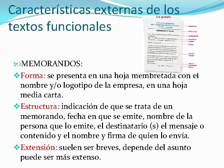 Características externas de los textos funcionales MEMORANDOS: v. Forma: se presenta en una hoja