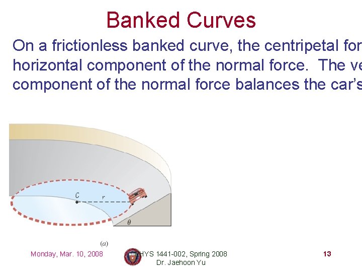 Banked Curves On a frictionless banked curve, the centripetal for horizontal component of the