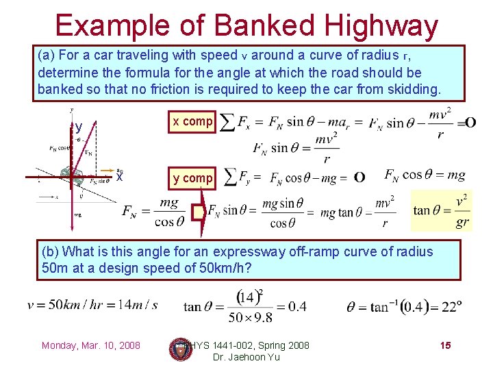 Example of Banked Highway (a) For a car traveling with speed v around a