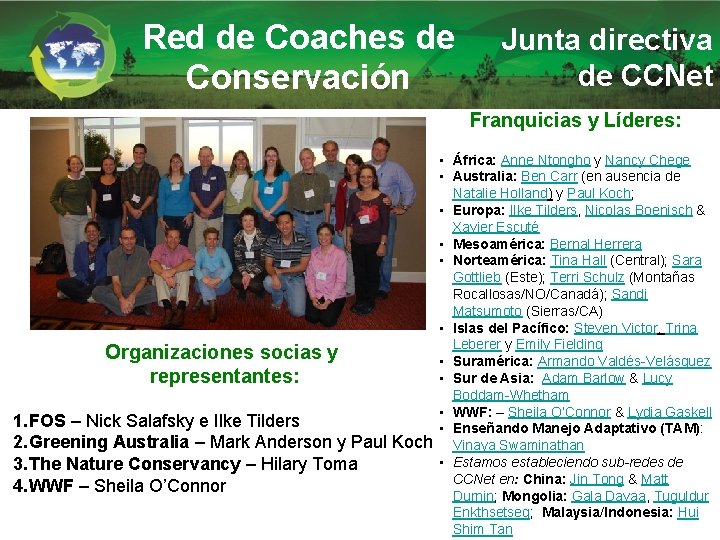 Red de Coaches de Conservación Junta directiva de CCNet Franquicias y Líderes: Organizaciones socias