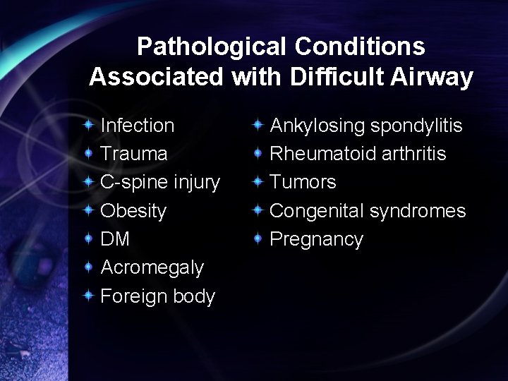 Pathological Conditions Associated with Difficult Airway Infection Trauma C-spine injury Obesity DM Acromegaly Foreign