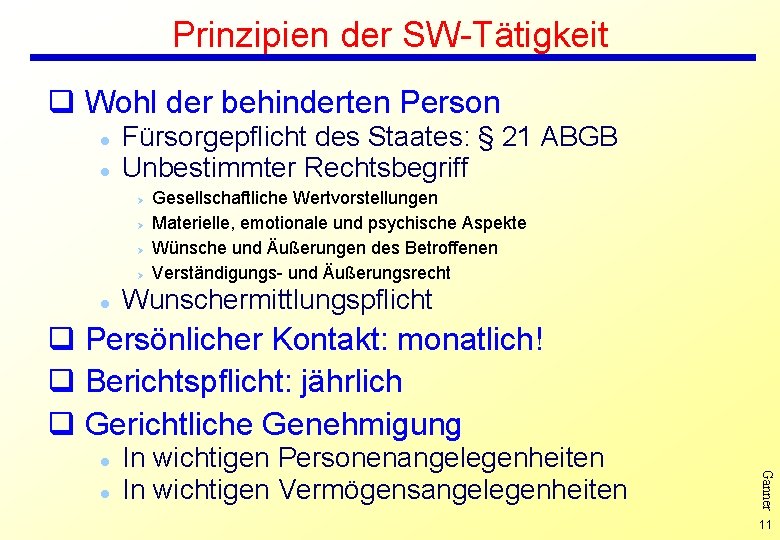 Prinzipien der SW-Tätigkeit q Wohl der behinderten Person l l Fürsorgepflicht des Staates: §