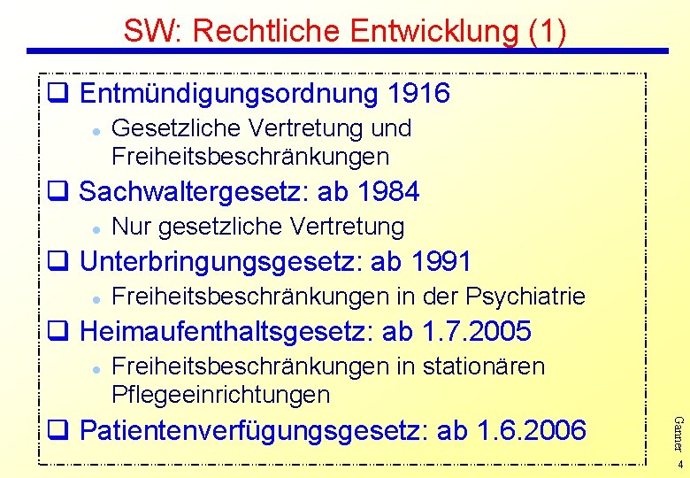 SW: Rechtliche Entwicklung (1) q Entmündigungsordnung 1916 l Gesetzliche Vertretung und Freiheitsbeschränkungen q Sachwaltergesetz: