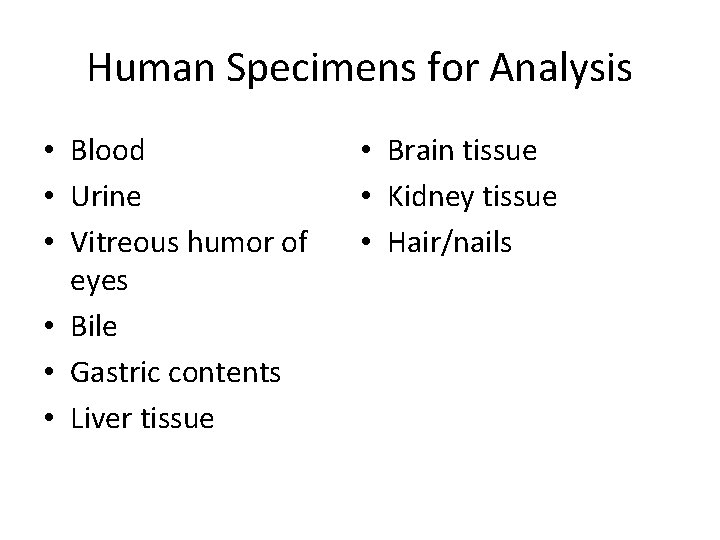 Human Specimens for Analysis • Blood • Urine • Vitreous humor of eyes •