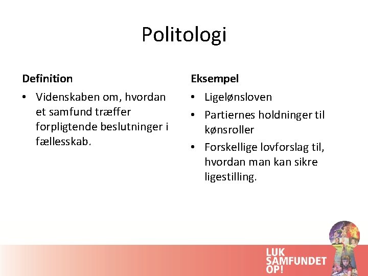 Politologi Definition Eksempel • Videnskaben om, hvordan et samfund træffer forpligtende beslutninger i fællesskab.