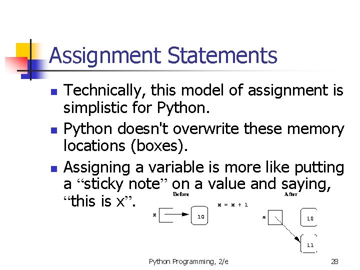 Assignment Statements n n n Technically, this model of assignment is simplistic for Python