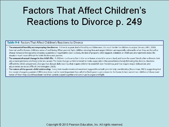 Factors That Affect Children’s Reactions to Divorce p. 249 Copyright © 2010 Pearson Education,