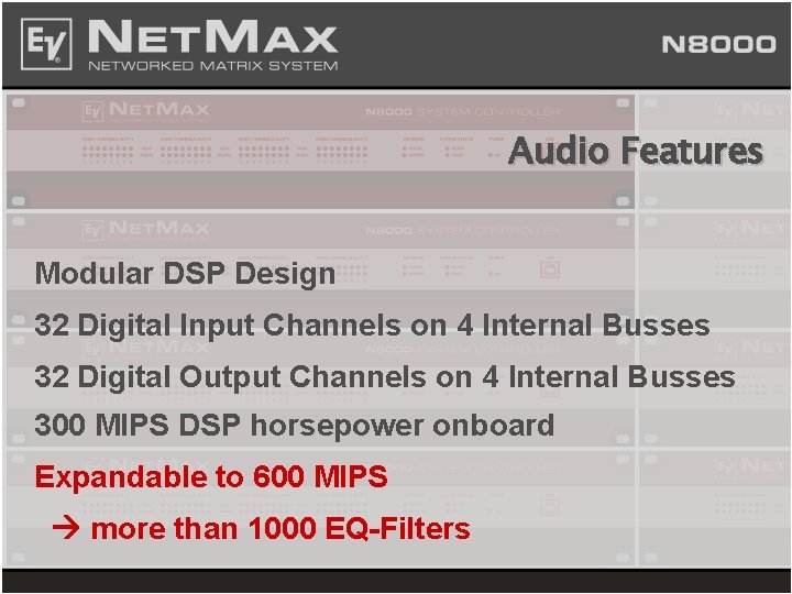 Audio Features Modular DSP Design 32 Digital Input Channels on 4 Internal Busses 32