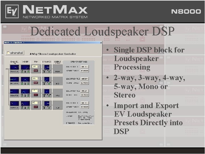 Dedicated Loudspeaker DSP • Single DSP block for Loudspeaker Processing • 2 -way, 3
