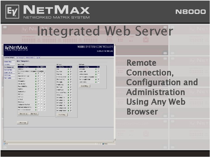 Integrated Web Server Remote Connection, Configuration and Administration Using Any Web Browser 