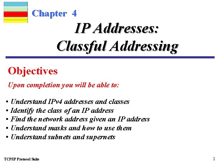 Chapter 4 IP Addresses: Classful Addressing Objectives Upon completion you will be able to: