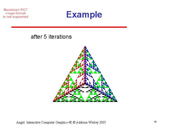 Example after 5 iterations Angel: Interactive Computer Graphics 4 E © Addison-Wesley 2005 18