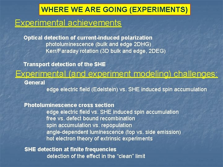 WHERE WE ARE GOING (EXPERIMENTS) Experimental achievements Optical detection of current-induced polarization photoluminescence (bulk