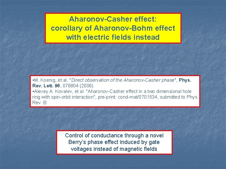 Aharonov-Casher effect: corollary of Aharonov-Bohm effect with electric fields instead • M. Koenig, et