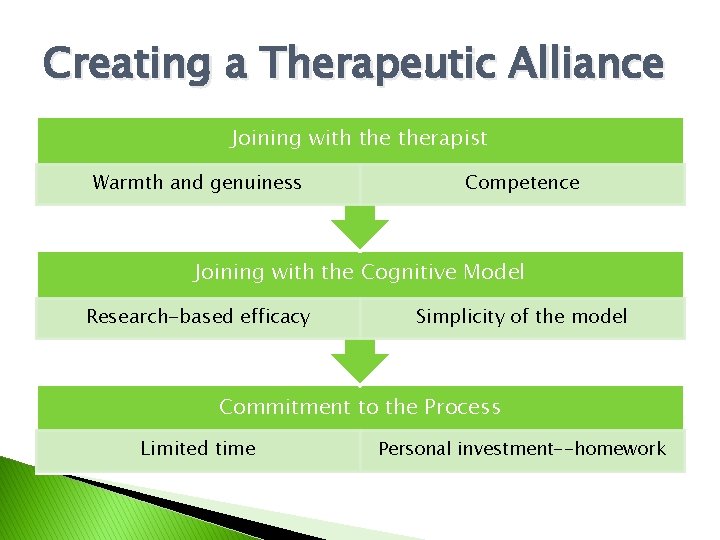 Creating a Therapeutic Alliance Joining with therapist Warmth and genuiness Competence Joining with the