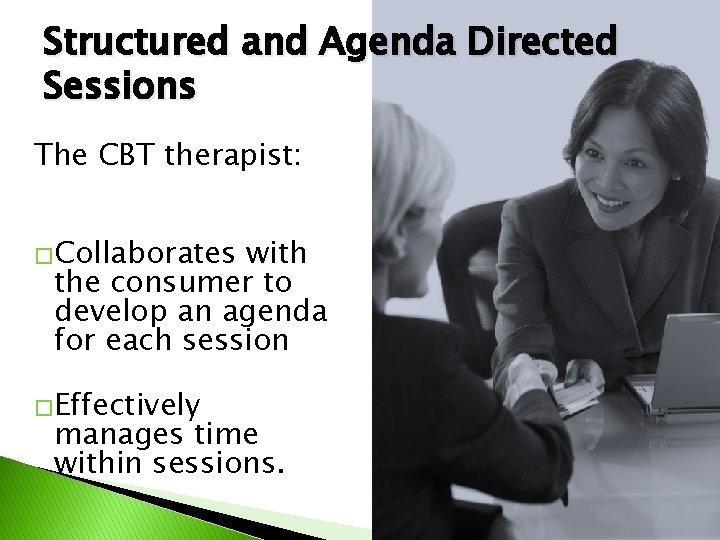 Structured and Agenda Directed Sessions The CBT therapist: �Collaborates with the consumer to develop