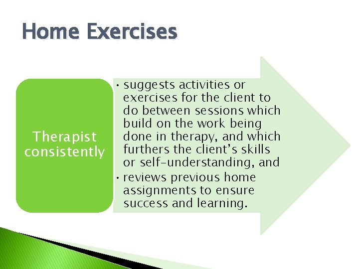 Home Exercises • suggests activities or exercises for the client to do between sessions