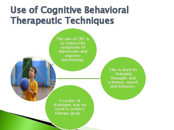 Use of Cognitive Behavioral Therapeutic Techniques The aim of CBT is to reduce the