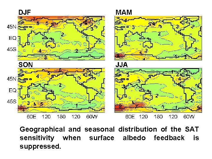 Geographical and seasonal distribution of the SAT sensitivity when surface albedo feedback is suppressed.