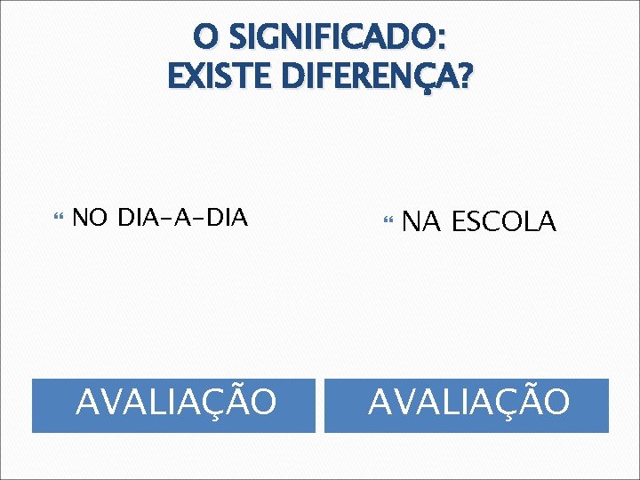 O SIGNIFICADO: EXISTE DIFERENÇA? NO DIA-A-DIA AVALIAÇÃO NA ESCOLA AVALIAÇÃO 