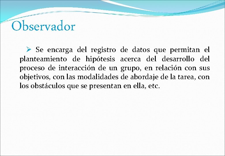 Observador Se encarga del registro de datos que permitan el planteamiento de hipótesis acerca