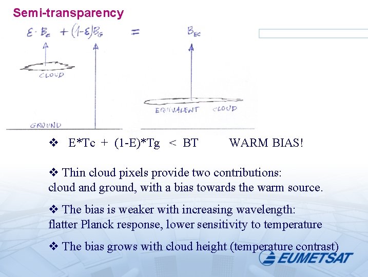 Semi-transparency v E*Tc + (1 -E)*Tg < BT WARM BIAS! v Thin cloud pixels